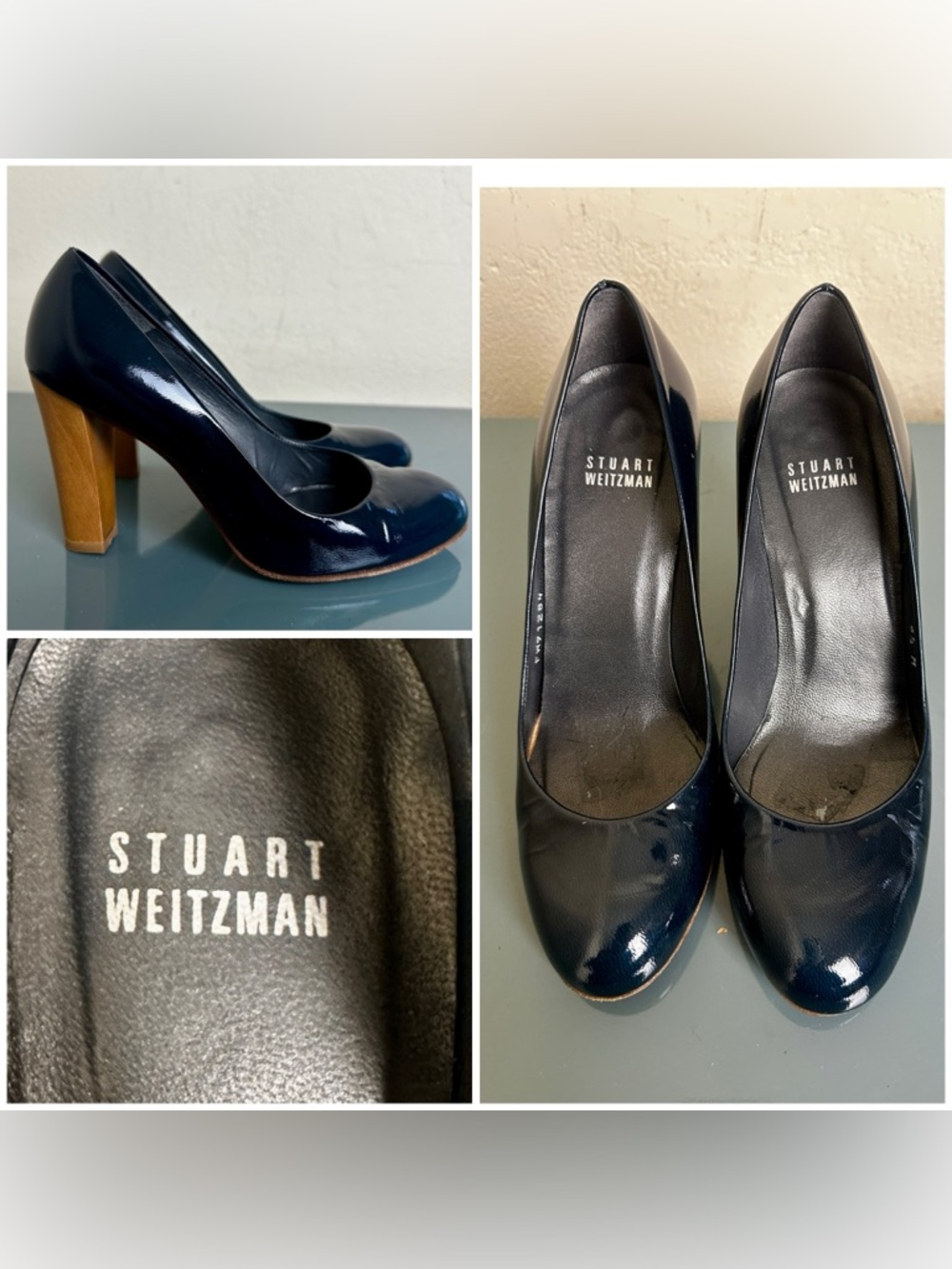 Stuart Weitzman Navy Patent Leather Wood Block Heels Sz 6.5 FW91284 $300